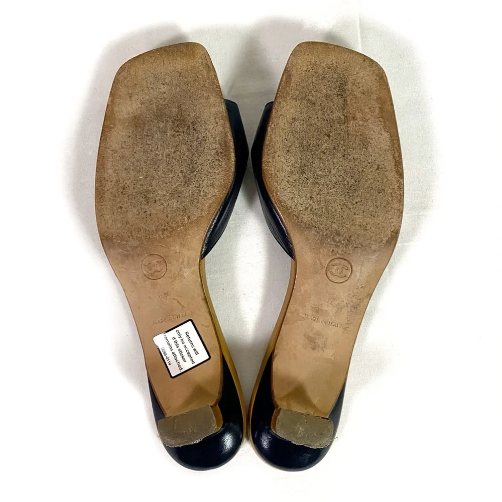 Chanel Vintage Y2K Black Tan Leather Camellia Mules Sandals Kitten Heels